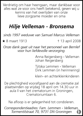 overlijdensadvertentie hilje bronsema in 2008.
